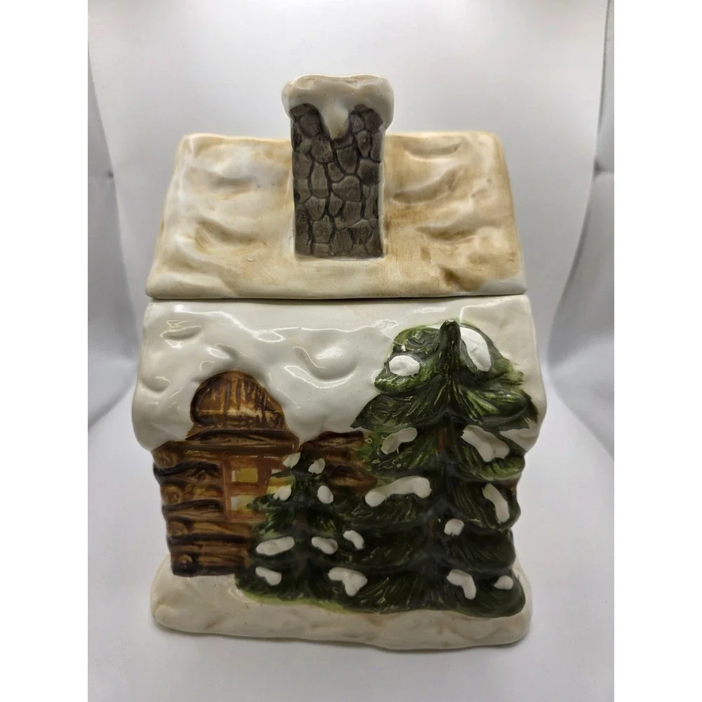 Holiday Time Ceramic cookie Jar  Log Cabin